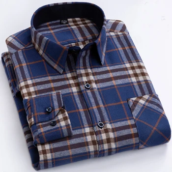 6XL в Есенно-Зимната Голяма Мъжка риза с дълги ръкави от 100% памук в клетка, устойчив на бръчки, Бизнес и Ежедневни, без ютия, дебела