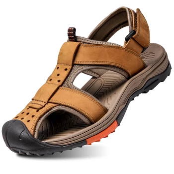 Мъжки сандали от естествена кожа, Дишаща мъжки обувки от въздушна мрежа, лято 2023, Големи размери 38-46, Плажна мъжки обувки Crox 