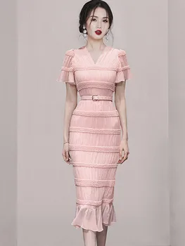 SMTHMA/ Ново модно лятна рокля с V-образно деколте, в ретро стил на знаменитости, Разкроена с къс ръкав с колан, розова рокля с волани, Vestido