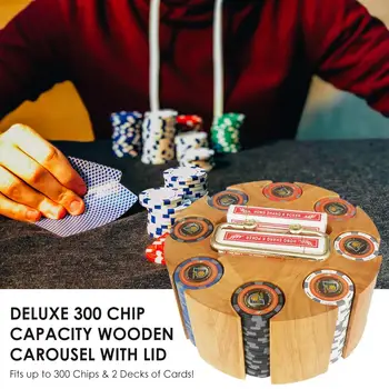 Дървена тава за съхранение на набор от чипове за покер, Въртящи плейър за съхранение на чипове за игра на покер, Блекджек, висококачествен калъф-въртележка с голям капацитет