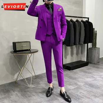 (Костюм + риза + панталон Корейски вариант на бизнес мъжки костюм от 3 теми, бутиков комплект, оборудвана, луксозна, за официални събирания, за сватба