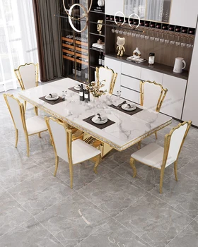 Комбинация от светло лукс на мраморно маса за хранене и столове в европейски стил, изчистен модерен дом маса за дневна, малък правоъгълник