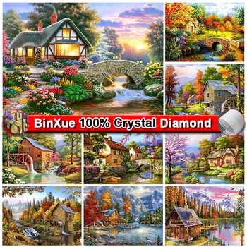 BinXue 5D направи си САМ Къща Мечта 100% С Кристалалми и кристали Снимка на цвете, дърво, бродерия на кръстат бод Залез Снежна планина Ръчно Мозайка подарък