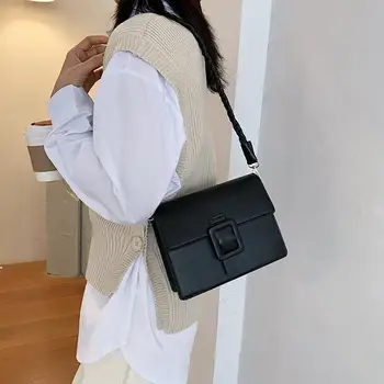 Дамски чанта през рамо, нова кожена чанта с ключалка, изплетен от пържено тесто, лесна и универсална малка квадратна чанта в ретро стил с едно рамо