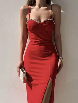 Елегантни вечерни рокли Миди с диаманти, летни модни дрехи за жени 2023, Сексуална дебнещ рокля с цепка на спагети презрамки и отворен гръб, вечерна рокля с цепка