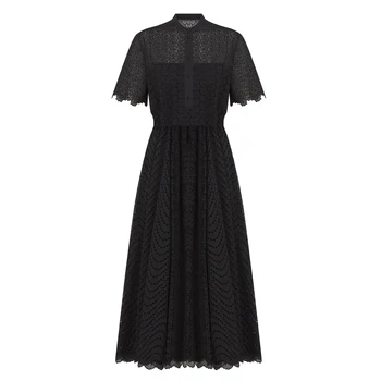 CNBY 2023 Ново памучно Черна рокля с отворен гръб и бродерия #Q1557