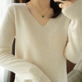 Жена пуловер, Есента вязаный спускане с дълъг ръкав, монофонични V-образно деколте, Прости Свободни блузи, Женски модерен пуловер
