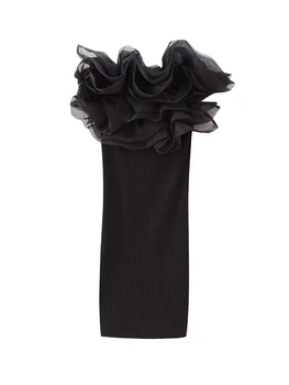 Лято 2023, Ново дамско Прозрачно трикотажное платно от плътна прежда в рубчик, Черно дебнещ рокля без ръкави