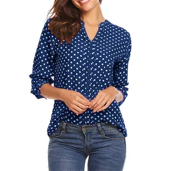 Дамски тениски, ежедневни тениски с V-образно деколте и 3/4 ръкави, Дамски блузи за работа в офис, обикновен дамски блузи с дълъг ръкав на полка точки