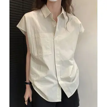 Скъпа Абрикосовая риза без ръкави, Дамски годишната френска Тънка риза с къс ръкав, Ежедневни Свободна Универсална Блуза, Топ, дамски дрехи