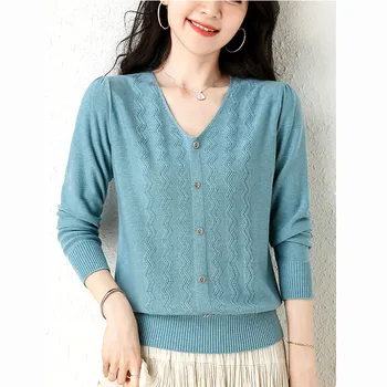 Корейски модерен Пролетно-есенен пуловер, дамски елегантен трикотажная тениска с V-образно деколте, дамски топ с дълъг ръкав, вязаный жилетка, финото палто