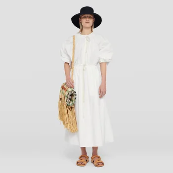 Jil23, пролетно-лятна рокля-риза от поплин свободно намаляване с голям подолом, лесно рокля-риза с кръгло деколте в японски разговорния стил с завязками