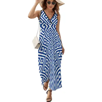 Меандрос - гръцки меандровый бяло-синьо дизайн. Рокля без ръкави, рокля за рожден ден за жени, луксозни плажни дрехи 2023 година