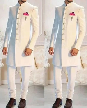 Модерен дизайн от 2 теми, бели, мъжки костюми, дълго сако с шал яка подпора, однобортный индийски смокинг за сватба, официален приталенная мъжки дрехи