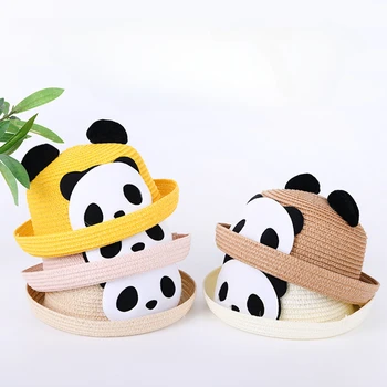 Детска сламена шапка лятна корея панда с анимационни козирка градинска мода за пътуване детска семейна шапка от слънцето на едро панама