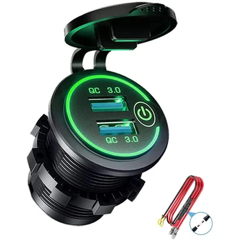 Конектор за зарядно устройство QC 3.0 с два USB конектори, водоустойчив USB-изход 12 v/24 В с докосване на ключа за колата, морската, лодки, колата, мотоциклета, зелен