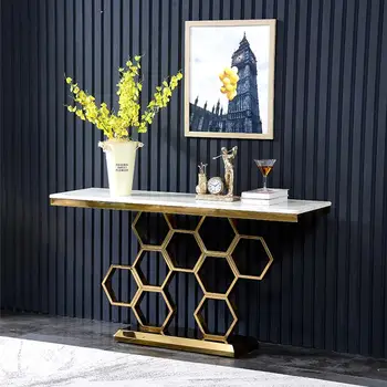 Златен конзола маса в скандинавски стил, Луксозен маса на верандата от естествен камък, Декорация на хола, коридора, Мрамор на страничните шкафове