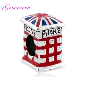 Безплатна доставка, телефонна будка с червено британски флаг, европейски и очарователен мъниста, ръчно изработени бижута, амулет, гривна Pandora, колие