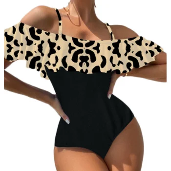 2023 Нова Плажно облекло, Бански костюм с леопардовым принтом, едно Парче Женски Монокини, Секси бански костюм с рюшами, бански костюми на подтяжках с открити рамене