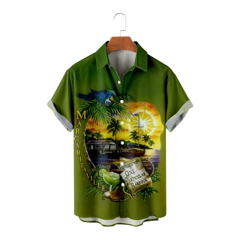 Хавайски Ризи за Мъже, Върхове със Зелен Принтом Папагал, Къс Ръкав, Лятна Риза За Почивка на Плажа, Дишаща