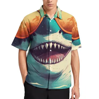 Ежедневни ризи Shark Слънчеви очила Sunny Beach, Плажна риза, Летни блузи в стил Харадзюку, Мъжки графични блузи Голям размер