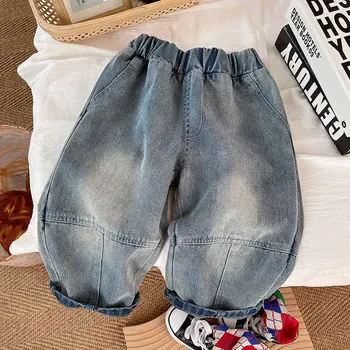 Детски дрехи, Детски дънкови панталони, колекция от 2023 година, Пролет-есен, нови модерни дънки за момичета и момчета, Стилни реколта свободни ежедневни панталони