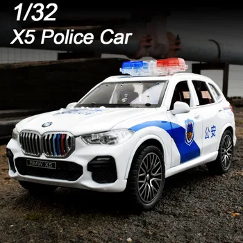 1/32 X5 Полицейска кола, формовани под налягане модел на suv, звукова осветление, флип-надолу и модела на автомобила, за събиране на детски играчки, декорации за момчета, подаръци за рожден ден