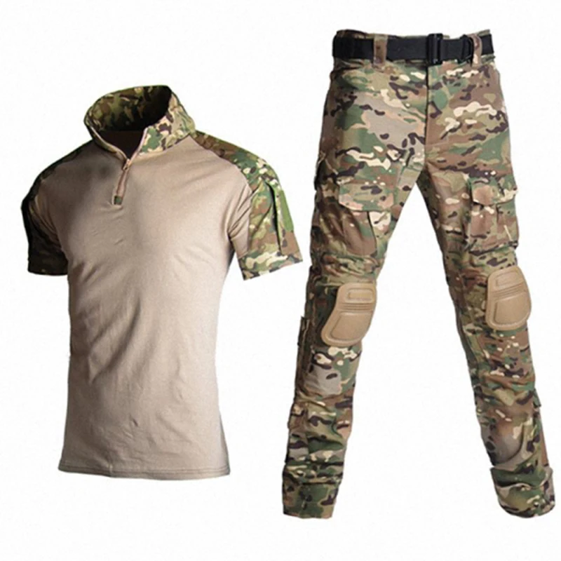 Тактически униформи, мъжки армейски боен костюм, лятна риза с къс ръкав + панталони, наколенници, камуфляжная военна облекло за еърсофт оръжия и пейнтбола