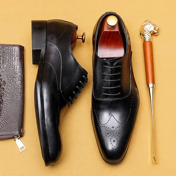 Италиански стил, Кафяви, черни Обувки-oxfords от естествена кожа, Висококачествени костюмная обувки дантела, Сватбена официалната мъжки обувки