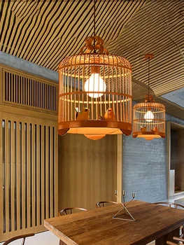 Нова китайски бамбук полилей във формата на клетка за клетки, модерен, семпъл стил шинуазри, креативна хол, ресторант, хот пот, магазин, бар, лампа