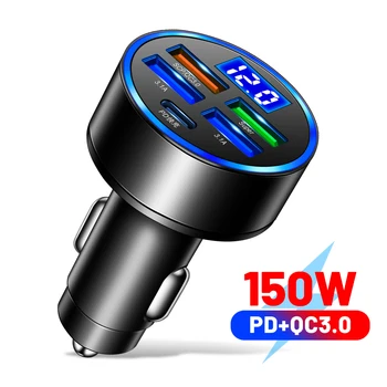 150 W USB Зарядно устройство LED 5 Пристанища Бързо Зареждане на PD QC3.0 Дисплей Напрежение Зарядно за Кола за телефон Type C Адаптер за iPhone Samsung Xiaomi