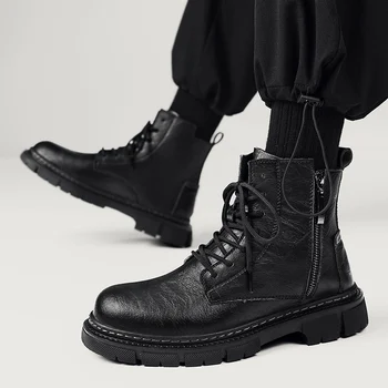 Мъжки Ботильоны от естествена кожа, Черни Мъжки обувки с висок берцем, 2023 Топли Зимни улични обувки в стил пънк, Мъжки мотоциклетни ботуши