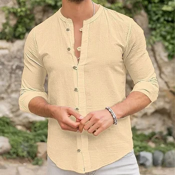 Мъжки памучен бельо риза с висока яка, жилетка, ризи и блузи с дълги ръкави и висока яка
