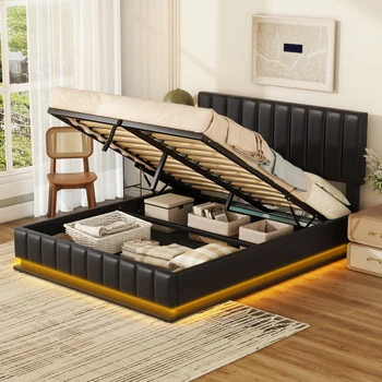 Меко легло Queen-Size с хидравлична система за съхранение и сензорен осветление, модерна легло-платформа с две розетки и USB портове