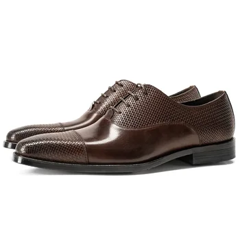 Мъжки модел обувки от естествена кожа с изрезки, Мека Дишаща Подметка, мъжки бизнес обувки в стил Ретро От телешка кожа, Дантела, Дизайнерски обувки За Мъже