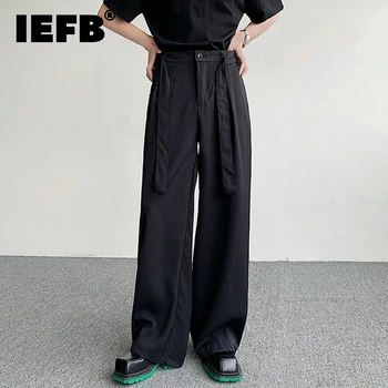 IEFB Модни Дрехи за Мъже Тенденция Нагънат Костюмные Панталони С Подвижна Каишка, Широки Панталони за Мъже, Черни прави Панталони 9C1196