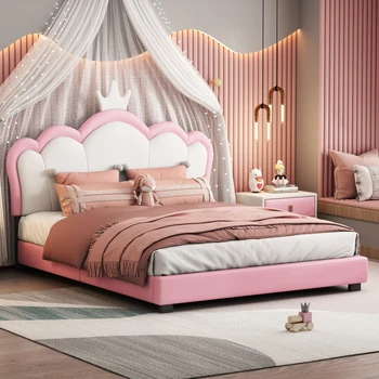 Сладък пълен размер Меко легло Принцеса с таблата под формата на короната, в пълен размер легло-платформа с таблата и изножьем, Бял + розов