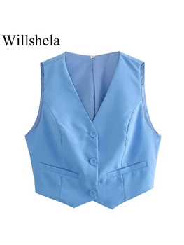 Willshela Дамски Модни сини Однобортные жилетки без ръкави, реколта дамски блузи с V-образно деколте
