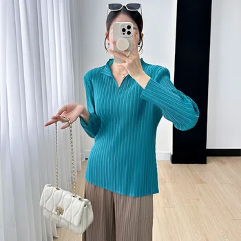 Плиссированная блуза Miyake с V-образно деколте Дамски Есенна Новост 2023, Дива Однотонная Темпераментен Тънка риза с дълги ръкави, Свободна Еластична