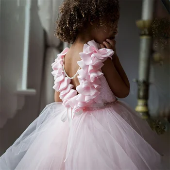 Светло розови сватбени рокли с цветя модел за момичета, Принцеса рокля с ръкави за Кръщение и Първо причастие, Детски празнични рокли с аппликацией за деца
