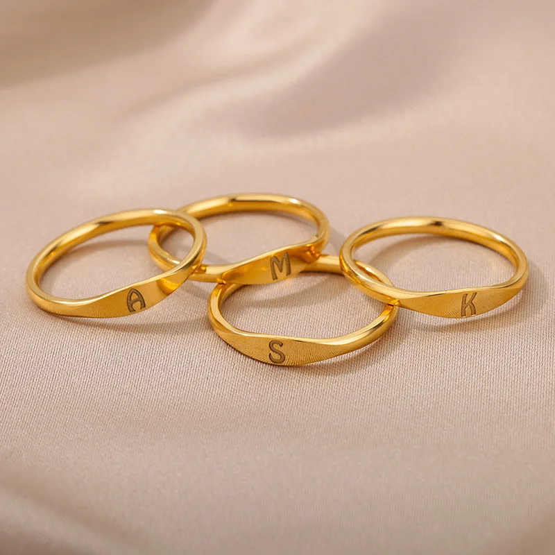 Пръстен с начални букви от неръждаема стомана за жени и мъже, Златен цвят с букви от азбуката, пръстен с инициали, естетичен Сватба бижута подарък