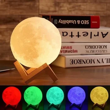 Цвят LED 3D Принт Лунна Лампа 8 см/12 см, работещи На Батерии Със Стойка Звездна Лампа нощна светлина Детски Подарък 7 Цвята Декор За Спалня