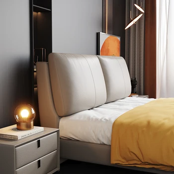Кожена двойно легло в основната спалня, голяма нощно шкафче, мека чанта с облегалка, модерна италианска сватбена легло 1,5 м