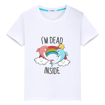 Тениска I ' m Dead Inside Dolphin от 100% Памук с къс ръкав и кръгло деколте, Мека тениска за момчета и момичета в стила на Kawai, Тениски с изображение на анимационни герой
