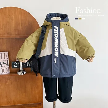 Зимни детски дрехи 2023 г., Детско утепленное памучни палто в контрастен цвят, зимни памучен яке с надпис: за момчета