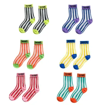 Прозрачни чорапи за деца, цветни чорапи-носочные изделия от тънки стъклени влакна в розово ивица от жакард 1-8 години